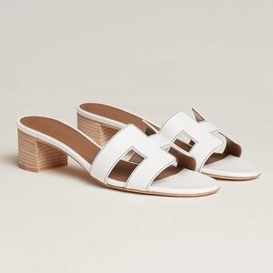 Hermes Oasis Heel Sandal White EU40.5 US10 Calfskin Leather H Cutout Slide w/Box